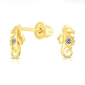 10K GOLD Seahorse CZ Stud ScrewBack Earrings